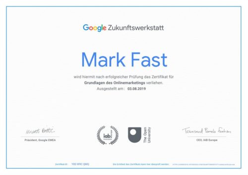 Zertifikat der Google Zukunftswerkstatt
